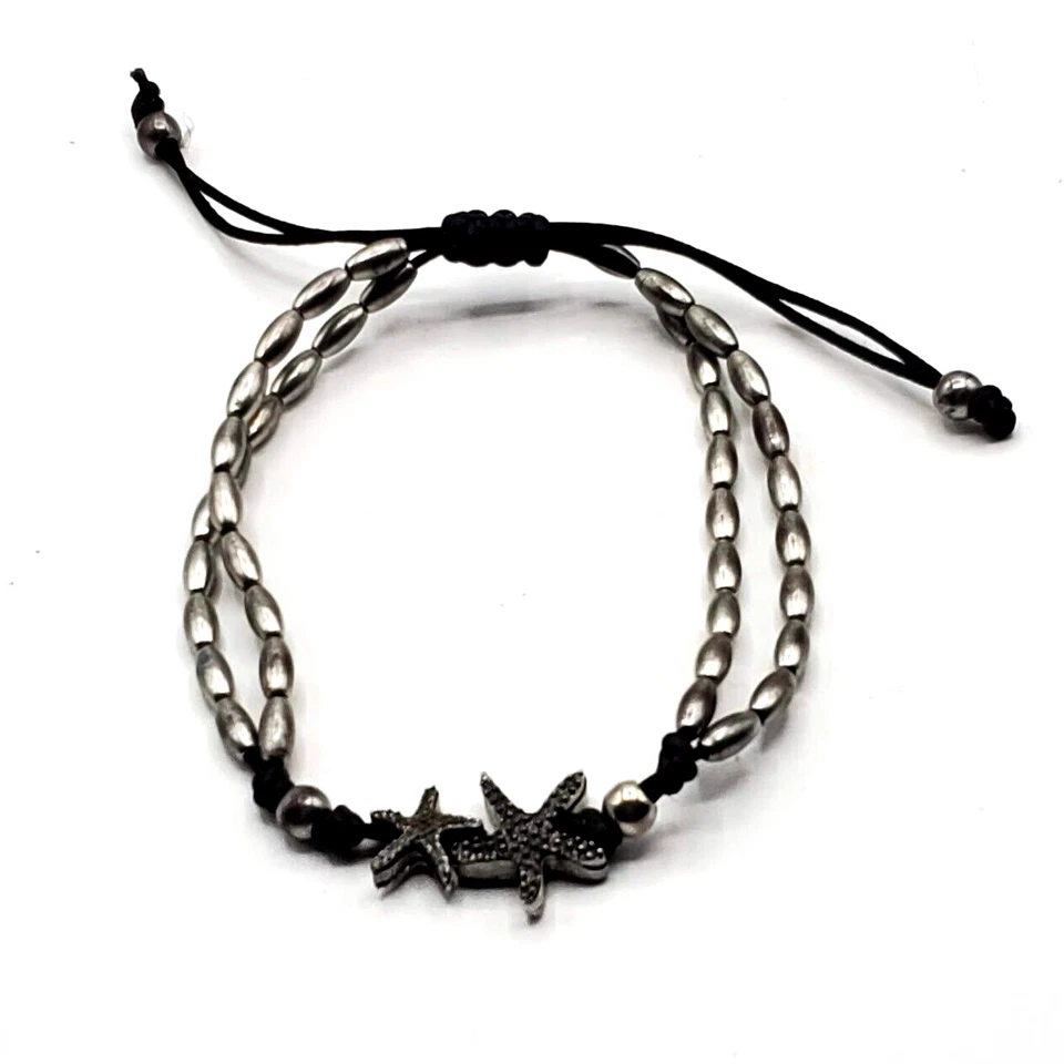 Pulsera Tobillera Estrella Pez Cuentas de Arroz Tonificadas Plateadas Cordón Negro Granulado Deslizable Foto 1 de 4