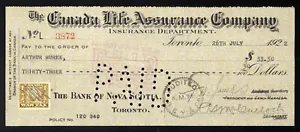 C12 Canada Life Assurance Co. bank draft, 1922, revenue stamp Van Dam #FWT8 - Picture 1 of 2