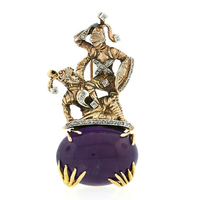 Antiguo broche de caballeros de oro de 14k platino diamante detallado luchando en amatista Foto 1 de 4