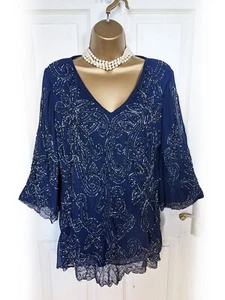 JOANNA HOPE Navy Blue Chiffon Silver Bead Embellished Evening Top, Size 14 - VGC - Picture 1 of 8
