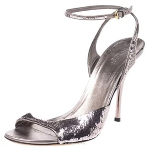 Gucci Metallic Gray Sequins Embellished Ankle Strap Heels - 37/7 - Picture 1 of 23