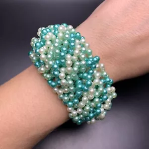 Blue Faux Pearl Expansion Bracelet Beaded Cluster Classic Chunky Wide Vintage - Picture 1 of 9