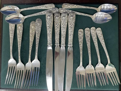 Sterling S KIRK & SON Flatware Set (4) 4pc Place Settings REPOUSSE ~no mono Cover