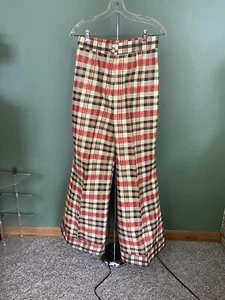 Vintage Plaid High Waisted Flared Wide Leg Pants Bell Bottom 1960s 70s Retro - Picture 1 of 10
