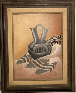 Framed Quality Hand Painted Oil Painting Native American Style Pottery 20x24in - Picture 1 of 9