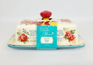 The Pioneer Woman Teal Butter Dish, Vintage Floral Pattern NEW - Picture 1 of 5
