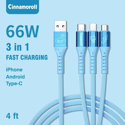 Sanrio Characters 3 in 1 Fast Charging Cable iPhone Andriod Type C 4ft 66W - Image 1 of 4