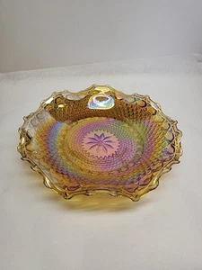 Vintage Marigold Carnival Glass Bowl – Daisy & Button Pattern – Iridescent Amber - Picture 1 of 5