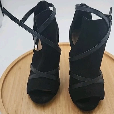 Zapatos de tacón Christian Siriano negros punta abierta tela para mujer talla 6” Foto 1 de 4