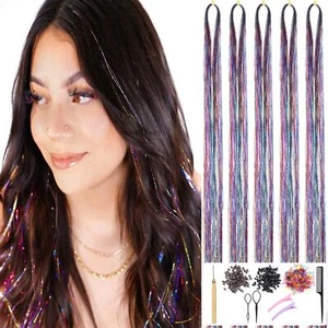1100 Strands 47 Inch Rainbow Hair Tinsel Kit Sparkling Hair Extensions for Women - Picture 1 of 7