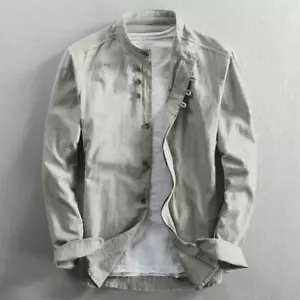 Japan Stil Herren Baumwolle Leinen Hemden Harajuku Stehkragen Langarm Tops - Bild 1 von 28