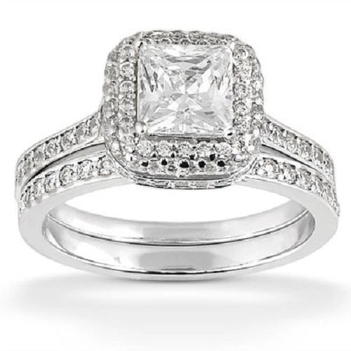 Anillo con halo de diamantes talla princesa de 1,01 quilates y banda a juego conjunto nupcial 1,82 tcw Foto 1 de 1