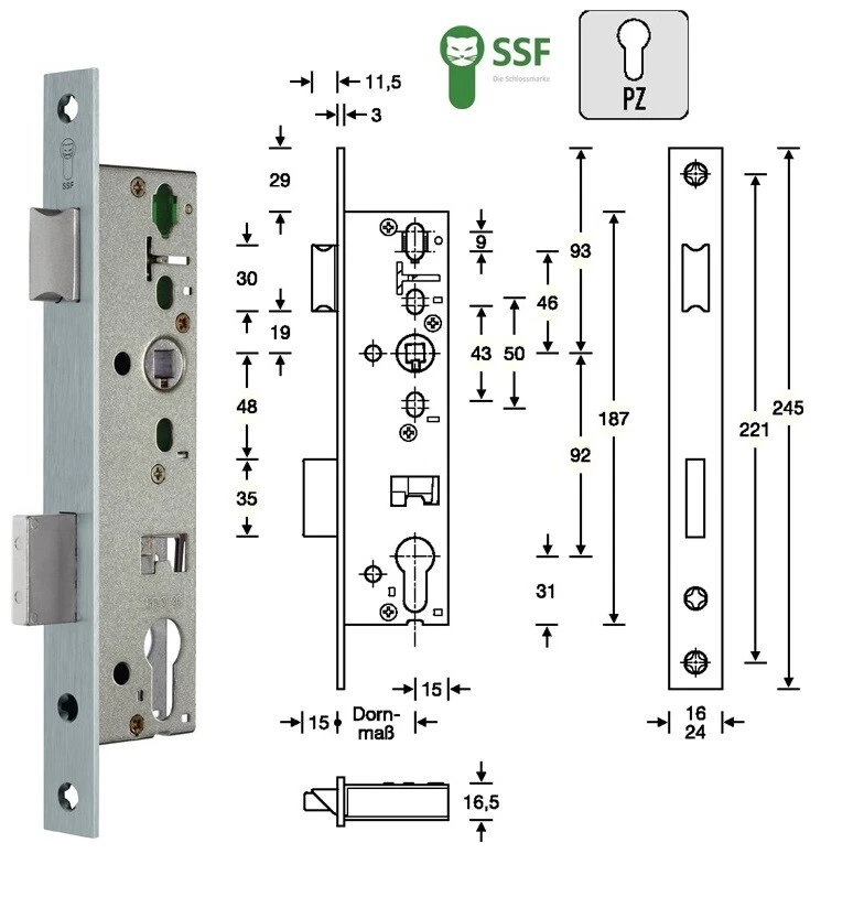SSF Rohrrahmen-Einsteckschloss PZW 24/25/92/8 mm DIN links/rechts Stulplänge 245