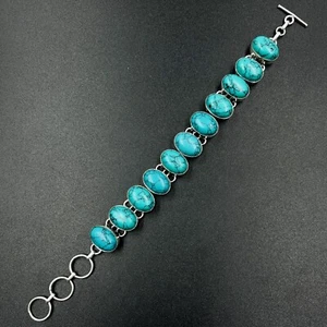 925 Sterling Silver Natural Turquoise Gemstone Handmade Jewelry Chain Bracelet - Picture 1 of 5