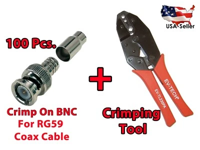 100 Pcs Crimp On BNC Connector For RG59 Siamase Cable Wire 1pc BNC Crimping Tool - Image 1 of 4