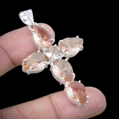 Кулон ручной работы из стерлингового серебра 925 пробы с персиковым морганитом и крестом Иисуса - Изображение 1 из 4