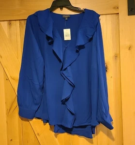 New! Womens Size 1X The Limited Blue Ruffle Front V-Neck Blouse Top Office - Picture 1 of 14