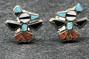 Fred Harvey Era 1926 Pat Zuni THUNDERBIRD Inlayed Earrings STERLING SILVER Clip - Picture 1 of 6