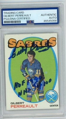Gilbert Perreault firmado 1971-72 Topps Hockey con HOF y NHL Top 100 losa PSA Foto 1 de 2