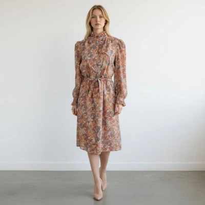 Винтажный 70-х Nikki коричневый цветочный рубашка платье Sz 15 16 оборки высоты шеи Cottagecore - Изображение 1 из 4