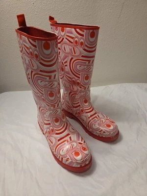 COACH Pink And Red Monogram Rain Boots Women's Size 9 - Image 1 of 4