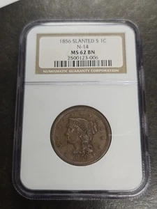 1856 NGC MS62 BN Slanted 5 Large Cent 1c US Coin - Picture 1 of 10