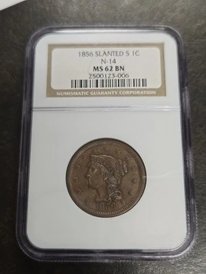 1856 NGC MS62 BN Slanted 5 Large Cent 1c US Coin - Image 1 of 4