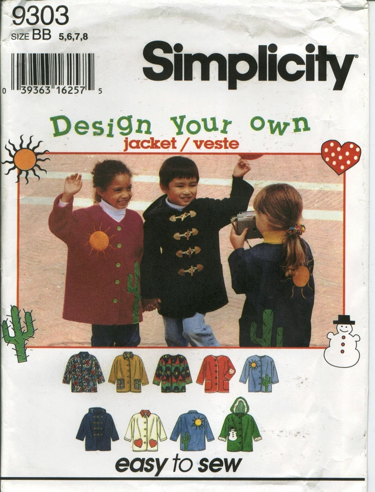 S 9303 sewing pattern child's JACKET with HOOD Heart Cactus Sun Snowman APPLIQUE - Image 1 of 1