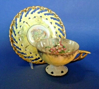Fancrest Pedestal Cup & Reticulated Saucer - Yellow Luster Pink Blossoms - Japan Foto 1 de 4