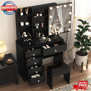 Morden Dressing Table with stool Set Vanity Desk + 6 Storage Drawers LED Mirror - Picture 1 of 15