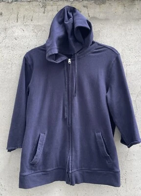 Винтажная спортивная толстовка с капюшоном на молнии Karen Scott средний размер черная синяя длина рукава 3/4 - Изображение 1 из 4