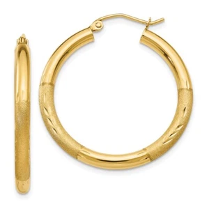 Real 14kt Yellow Gold Satin and Diamond-cut 3mm Round Hoop Earrings - Picture 1 of 6