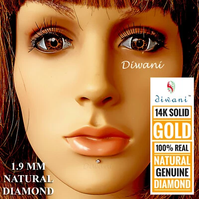 1.9mm Echter VVS Diamant Verlobung Hochzeit Nase Lippen Piercing Nieten 14k Gold - Bild 1 von 4