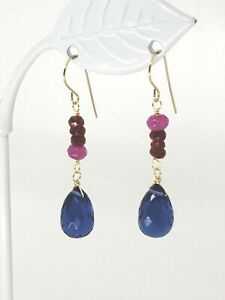 14k Yellow Gold Blue Sapphire Briolette Ruby Pink Quartz Drop Dangle Earrings
