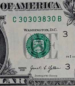 2021 $1 bill fancy serial, trinary, almost-er super repeater 30303830 - Picture 1 of 3