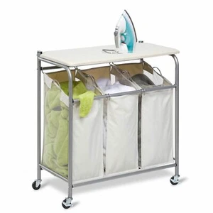 Carro de lavandería 3 bolsas cesta rodante ropa clasificador tabla de planchar mesa plegable - Imagen 1 de 3