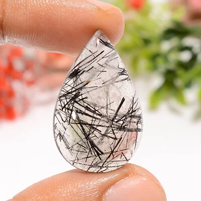 Authentic Black Rutile Quartz Pear Shape Cabochon Loose Gemstone 21 Ct 28X17X6mm - Image 1 of 4
