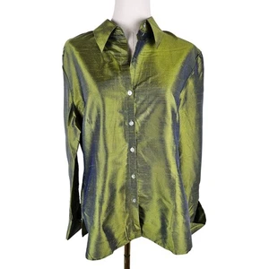 Worthington 100% Silk Blouse Green Iridescent To Blue Silk Size 14 LS - Picture 1 of 11