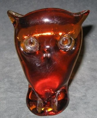 Viking Glass Dark Honey Amber Owl Paperweight - Image 1 of 4
