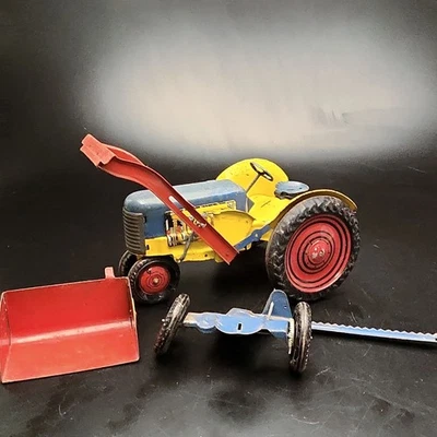 Vintage Marx Tin Litho Tractor Set w/Plow+Mower Farm Toy USA Red Blue ⭐ - Image 1 of 4