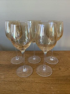 Lot Of 5 Pier 1 Golden Amber Luster Crackle Wine Glass 12 oz 9" Tall Iridescent - Picture 1 of 4