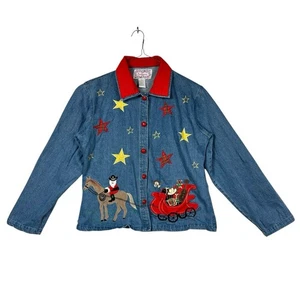 Cowboy Christmas Denim Shirt Women's Large Embroidered Horse Tantrums Medium - Picture 1 of 8