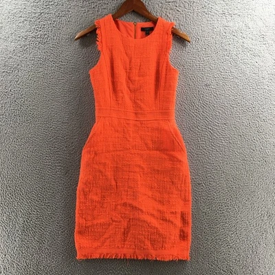 J. Crew Tweed Sheath Dress Womens 0 Orange Sleeveless Fringed Hem Back Zipper - Image 1 of 4