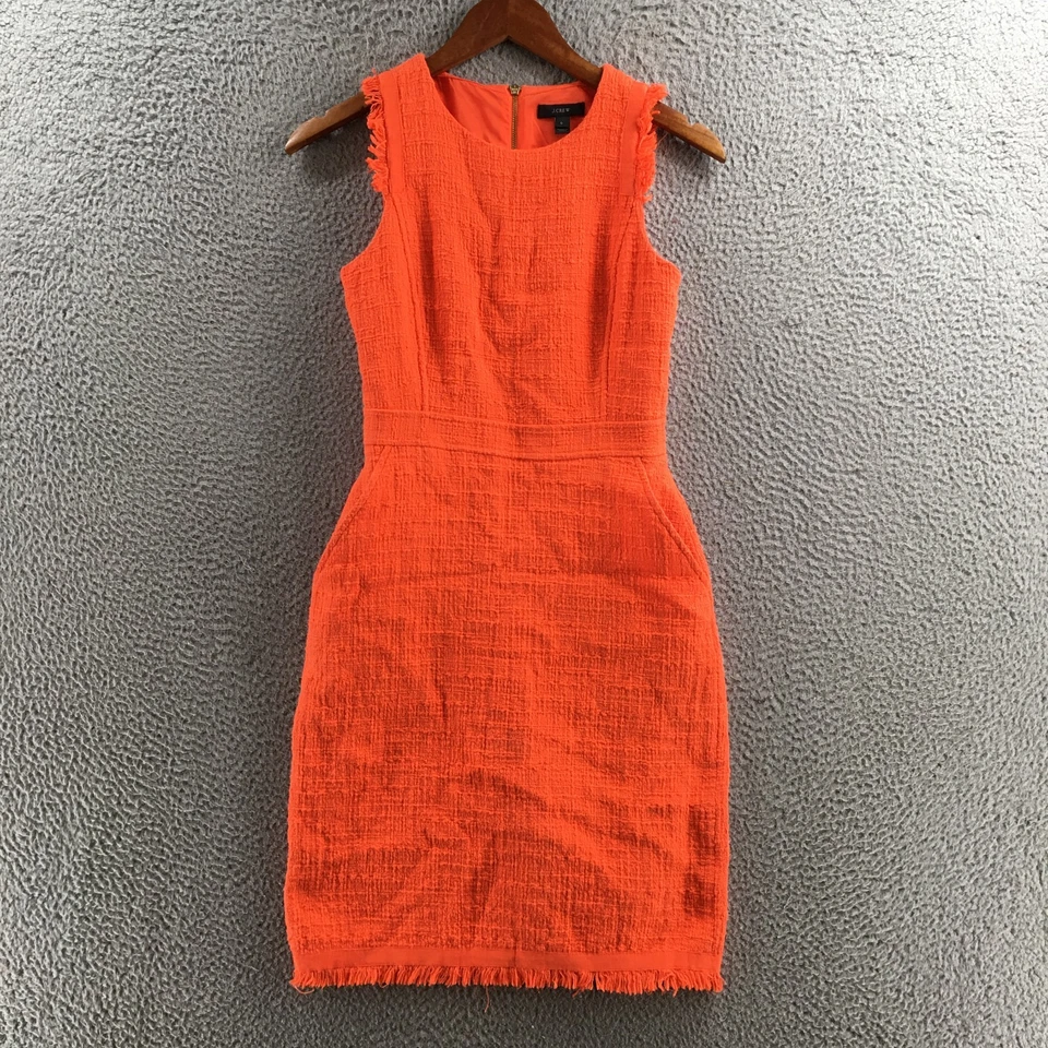 J. Crew Tweed Sheath Dress Womens 0 Orange Sleeveless Fringed Hem Back Zipper - Image 1 of 4