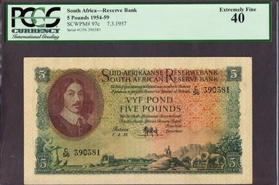 South Africa 5 Pounds 7/3/1957 Pick-97c Extremely Fine PCGS 40 - Image 1 of 2