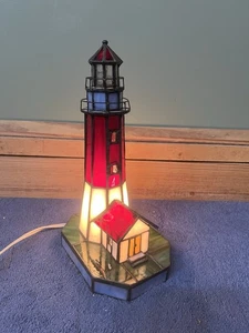 Vintage Leuchtturm Buntglas Tischlampe Nachtlicht Tiffany Stil Maritim DekoR - Bild 1 von 24