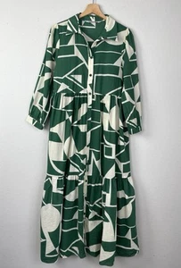 Zara Geometric Tiered Print Maxi Dress Green White Button Front Cotton Medium - Picture 1 of 15