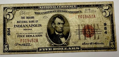 1929 $5 Dollar National Bank Note INDIANAPOLIS #984 - Image 1 of 4