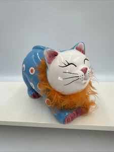 Vintage Kitschy Blue Polka Dot Ceramic Cat With Boa - Foto 1 di 13