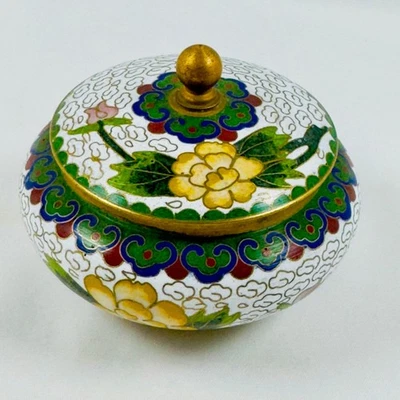 VTG Mini Cloisonne Enamel Brass w/ Lidded Handle Trinket Box Floral Design RARE - Image 1 of 4